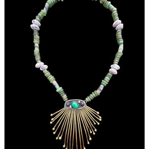 Purple Coral Green Gemstone African Trade Bead Glass Vintage Statement Necklace